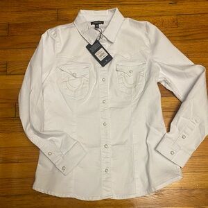 True Religion Western White Shirt Jacket W/Pearl Snaps Denim Stretch Size XL